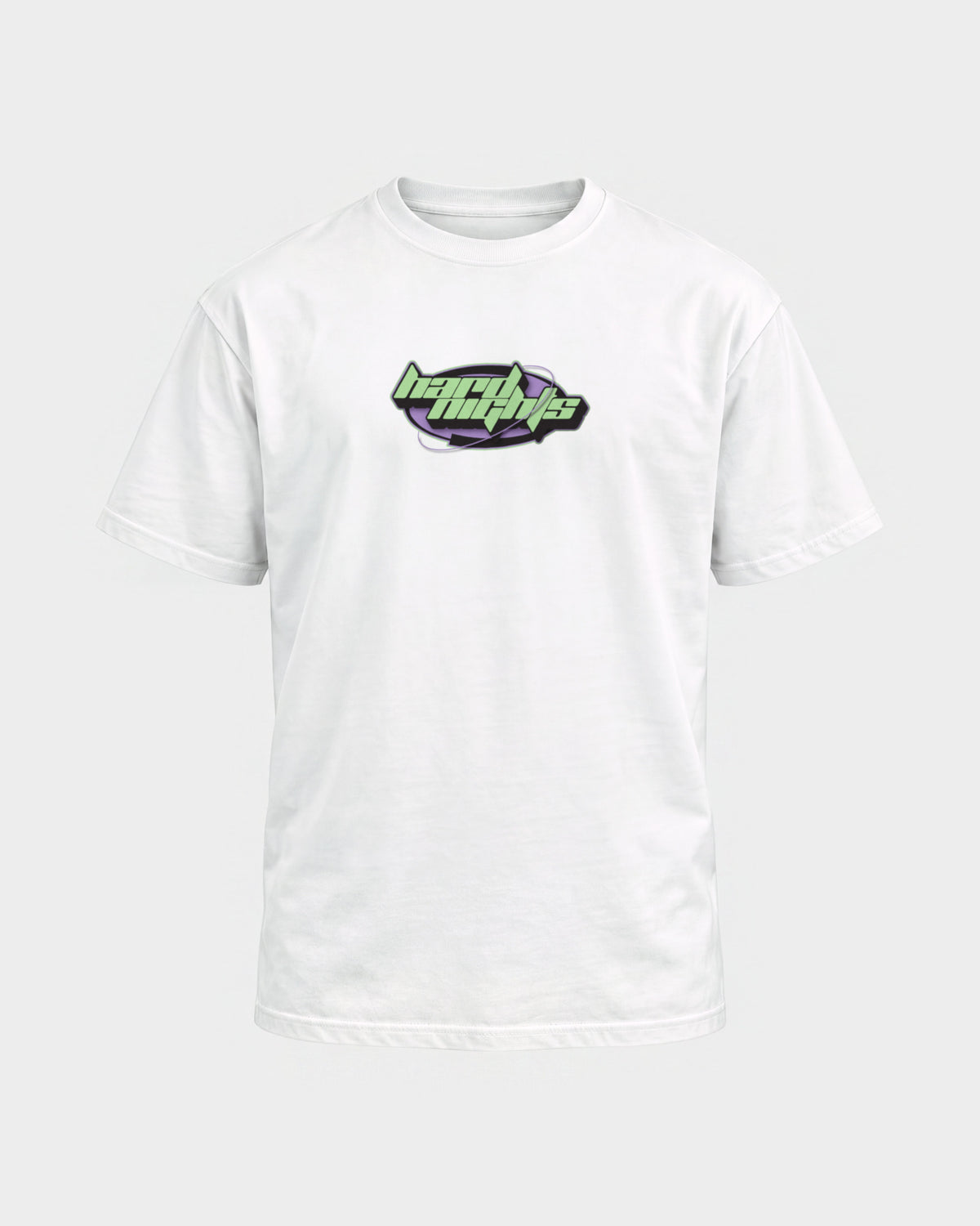 Hard Nights Ellipse – Basic Shirt in Weiß, Frontprint – Hard Nights