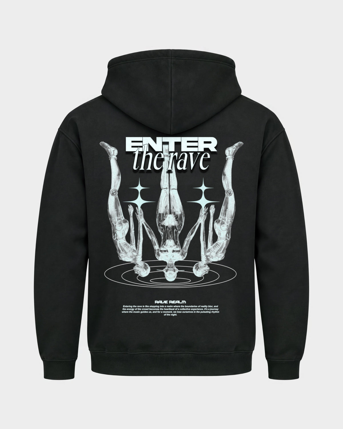 Enter the rave – Basic Hoodie in Schwarz, Rückenprint – Hard Nights
