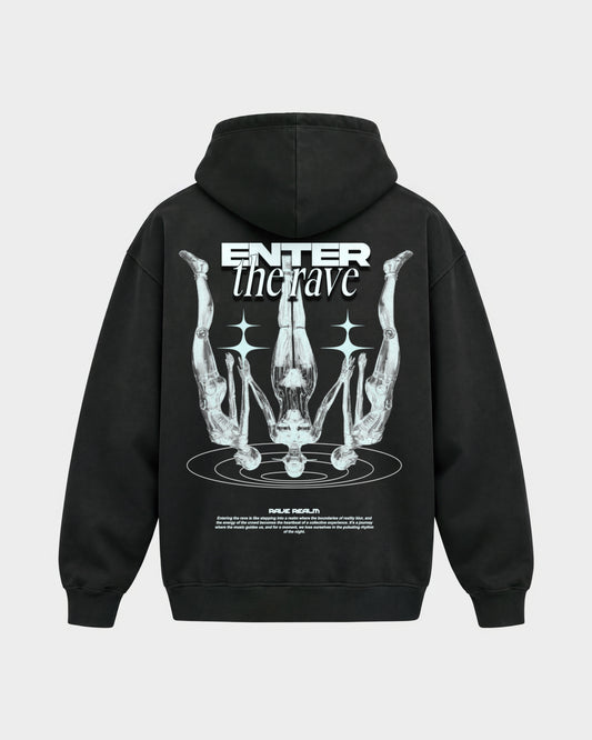 Enter the rave – Oversized Hoodie in Schwarz, Rückenprint – Hard Nights