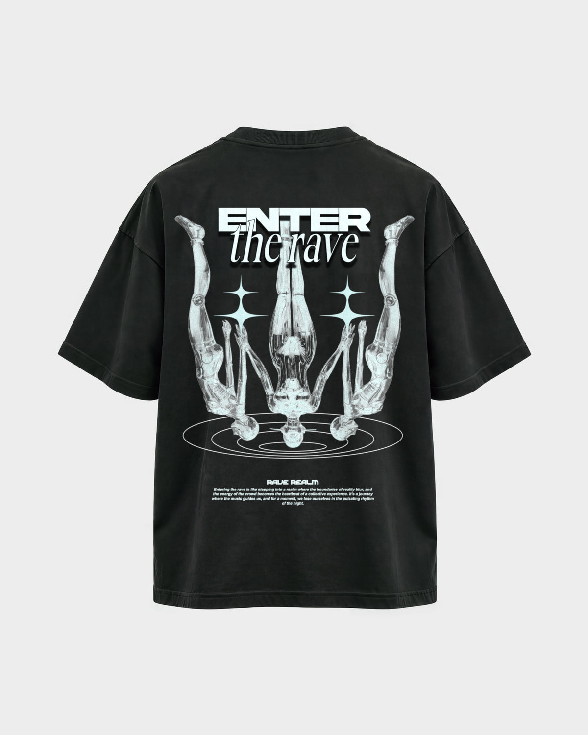 Enter the rave – Oversized Shirt in Schwarz, Rückenprint – Hard Nights