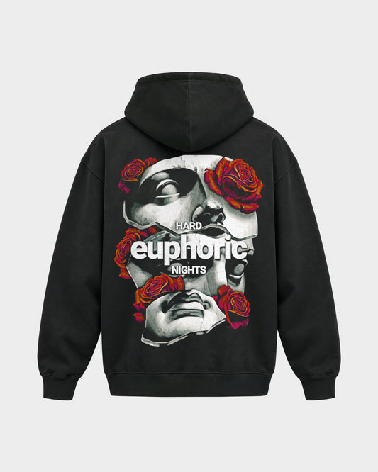 Euphoric – Oversized Hoodie in Schwarz, Rückenprint – Hard Nights