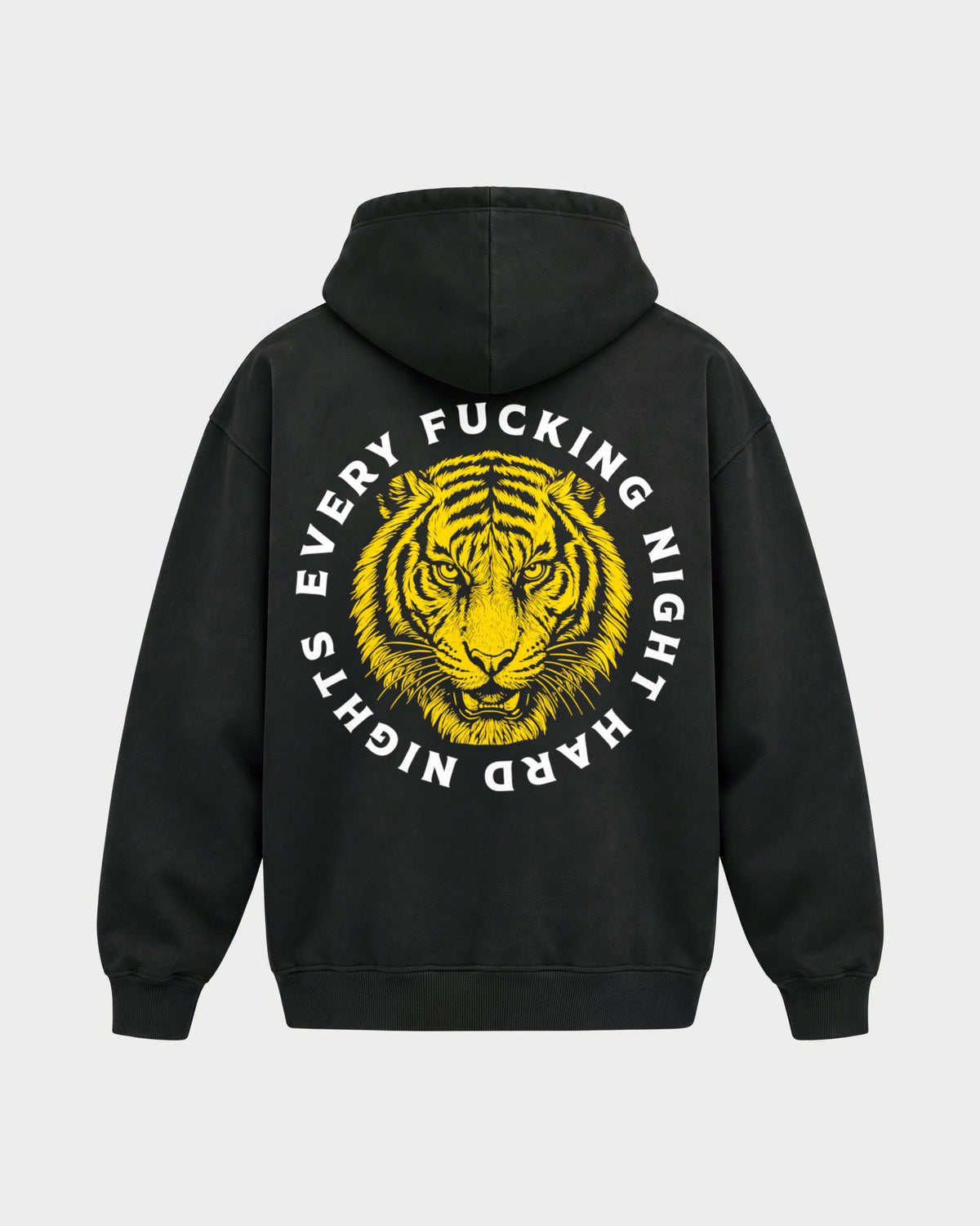 Every fuckin night – Oversized Hoodie in Schwarz, Rückenprint – Hard Nights