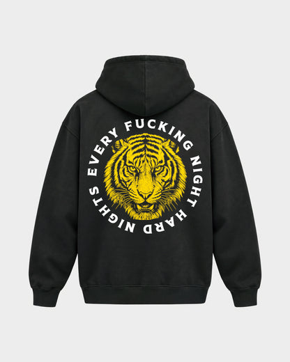 Every fuckin night – Oversized Hoodie in Schwarz, Rückenprint – Hard Nights