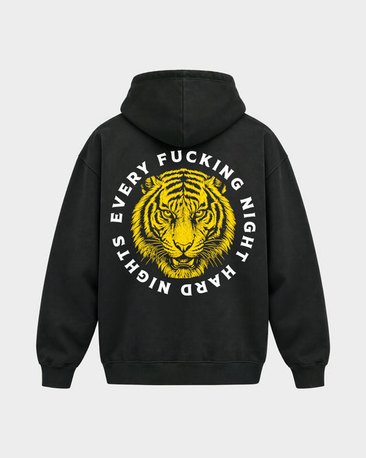 Every fuckin night – Oversized Hoodie in Schwarz, Rückenprint – Hard Nights