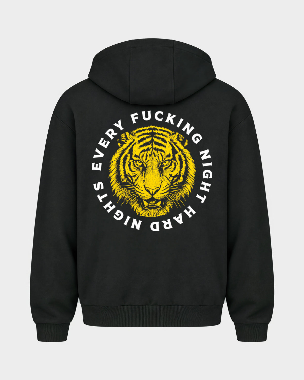 Every fuckin night – Oversized Zipper Hoodie in Schwarz, Rückenprint – Hard Nights