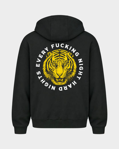 Every fuckin night – Oversized Zipper Hoodie in Schwarz, Rückenprint – Hard Nights