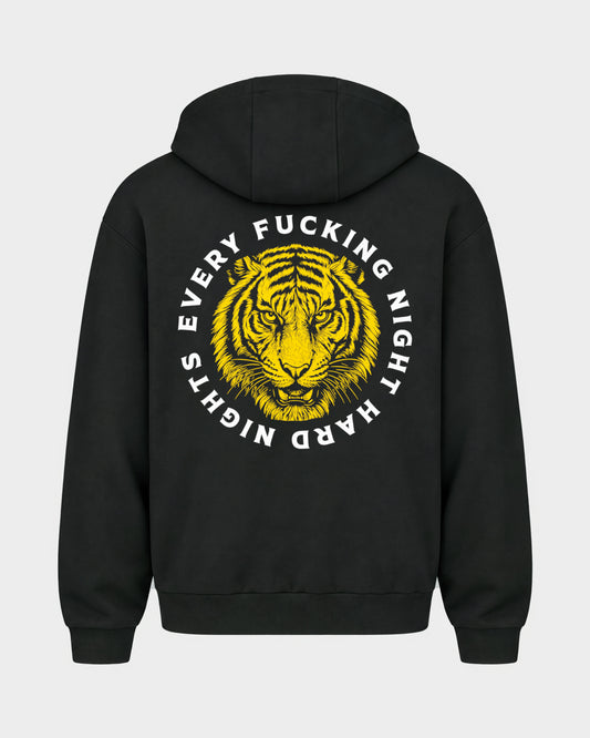 Every fuckin night – Oversized Zipper Hoodie in Schwarz, Rückenprint – Hard Nights
