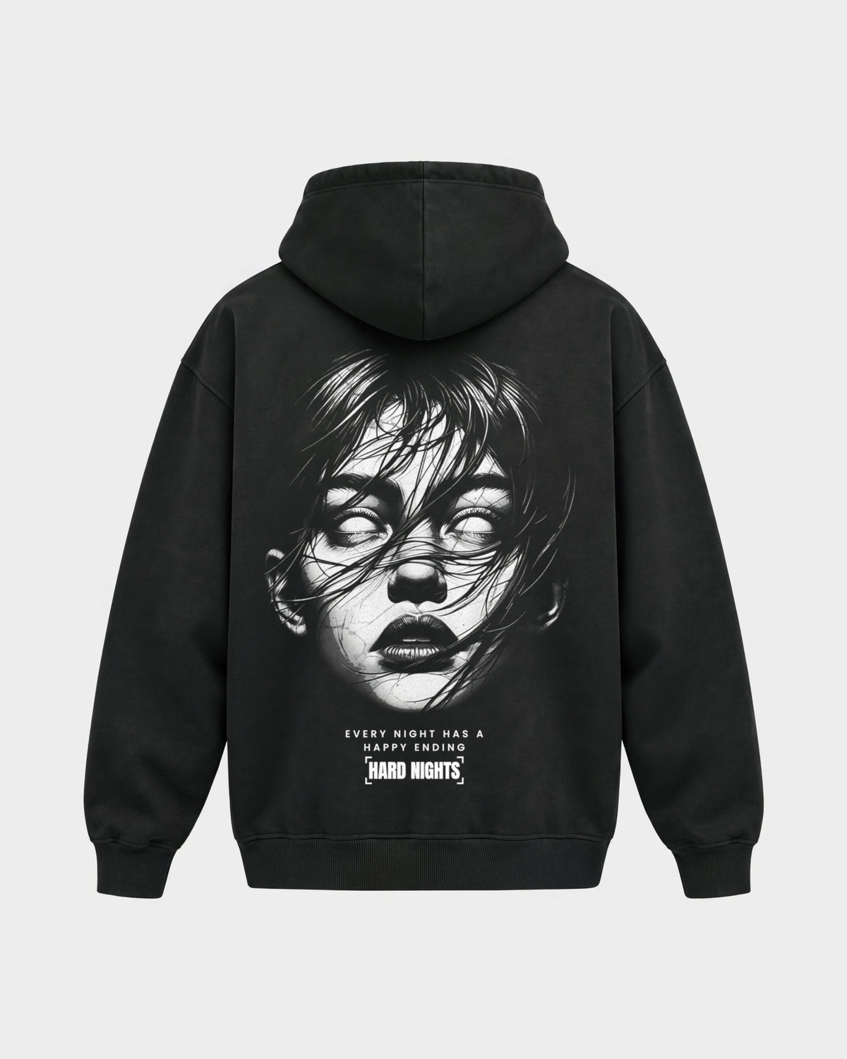 Every Night – Oversized Hoodie in Schwarz, Rückenprint – Hard Nights