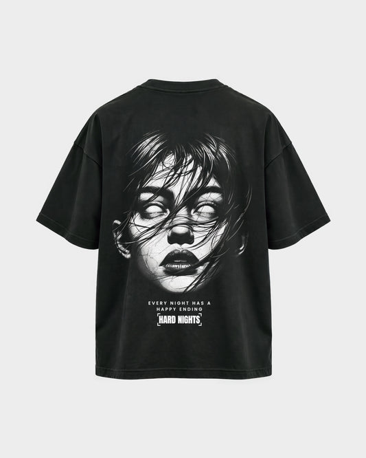 Every Night – Oversized Shirt in Schwarz, Rückenprint – Hard Nights