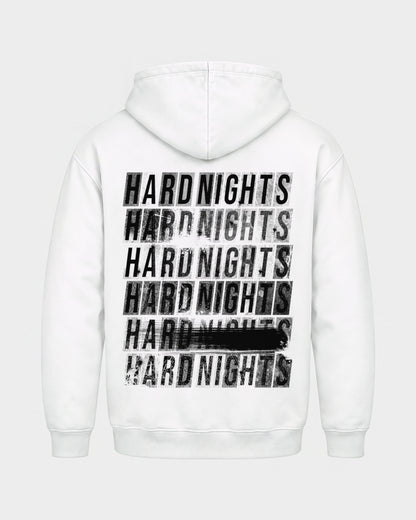 Hard Nights every time – Basic Hoodie in Weiß, Rückenprint – Hard Nights