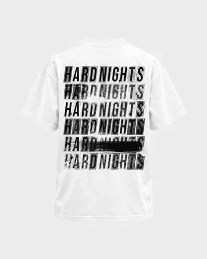 Hard Nights every time – Basic Shirt in Weiß, Rückenprint – Hard Nights