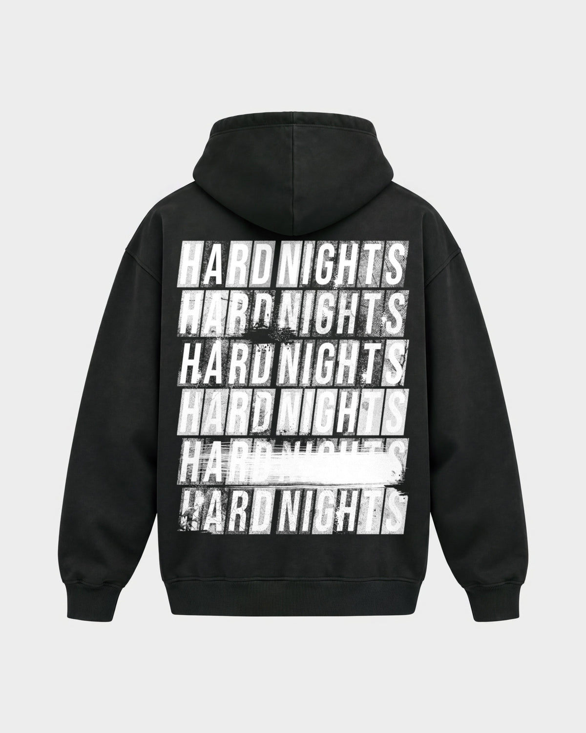 Hard Nights every time – Oversized Hoodie in Schwarz, Rückenprint – Hard Nights