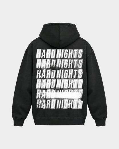 Hard Nights every time – Oversized Hoodie in Schwarz, Rückenprint – Hard Nights