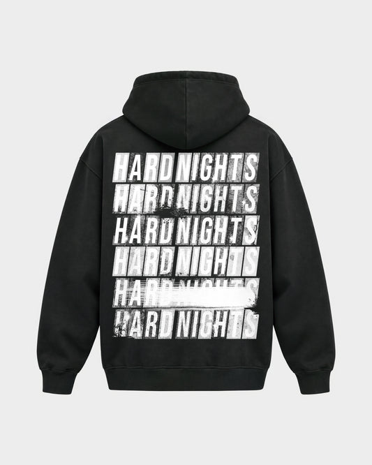 Hard Nights every time – Oversized Hoodie in Schwarz, Rückenprint – Hard Nights