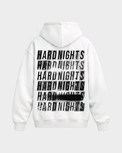 Hard Nights every time – Oversized Hoodie in Weiß, Rückenprint – Hard Nights
