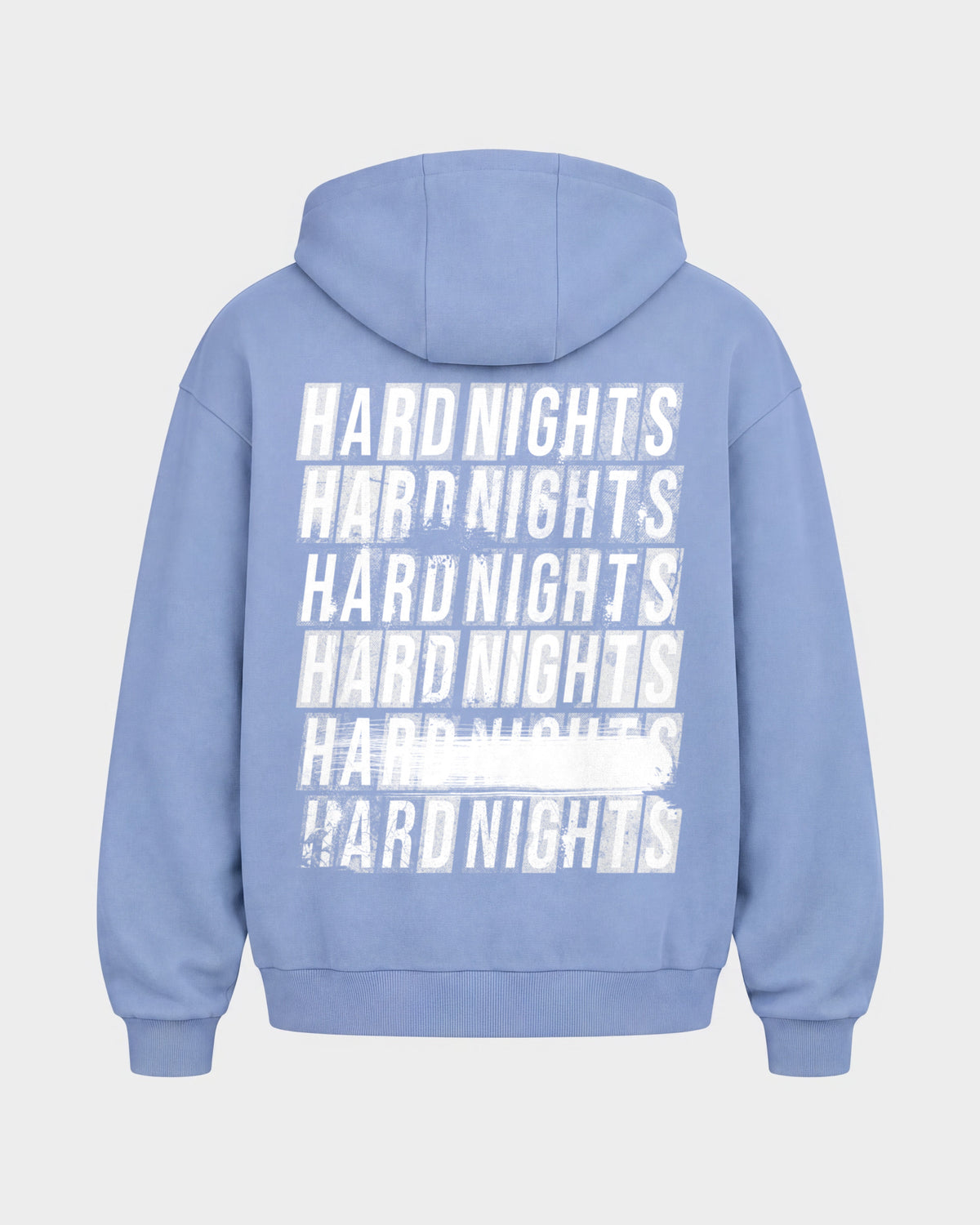 Hard Nights every time – Oversized Zipper Hoodie in Puderblau, Rückenprint – Hard Nights