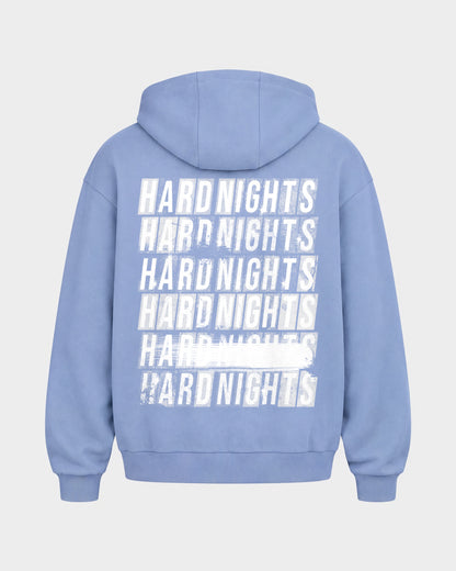 Hard Nights every time – Oversized Zipper Hoodie in Puderblau, Rückenprint – Hard Nights