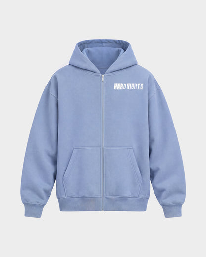 Hard Nights every time – Oversized Zipper Hoodie in Puderblau, Frontprint – Hard Nights