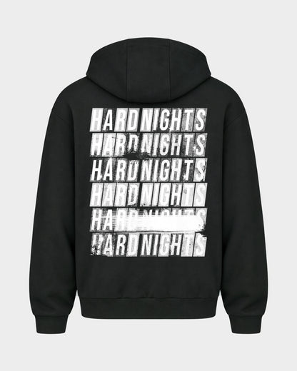 Hard Nights every time – Oversized Zipper Hoodie in Schwarz, Rückenprint – Hard Nights