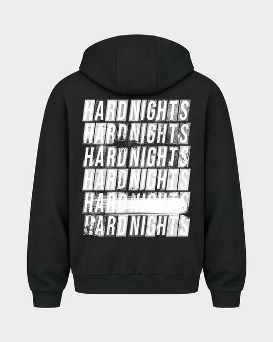 Hard Nights every time – Oversized Zipper Hoodie in Schwarz, Rückenprint – Hard Nights