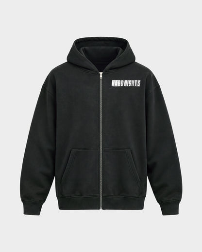 Hard Nights every time – Oversized Zipper Hoodie in Schwarz, Frontprint – Hard Nights