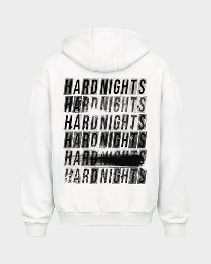 Hard Nights every time – Oversized Zipper Hoodie in Weiß, Rückenprint – Hard Nights