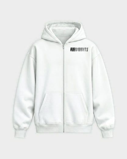 Hard Nights every time – Oversized Zipper Hoodie in Weiß, Frontprint – Hard Nights