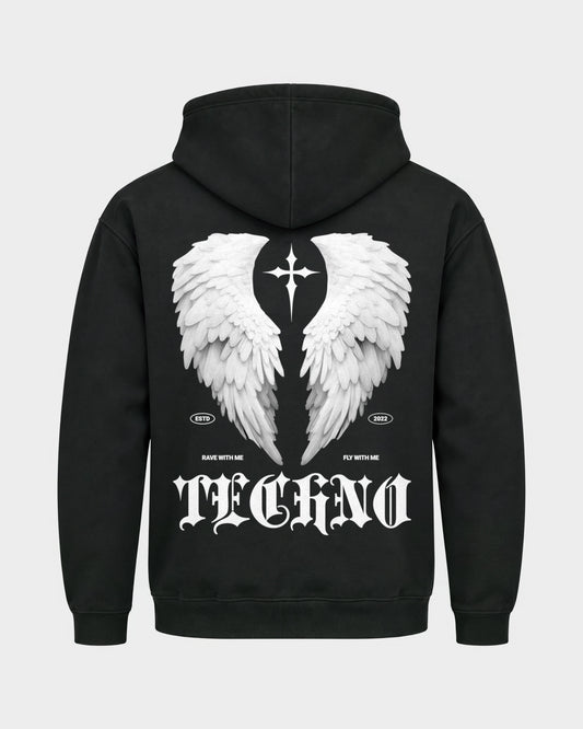 Fly with me – Basic Hoodie in Schwarz, Rückenprint – Hard Nights