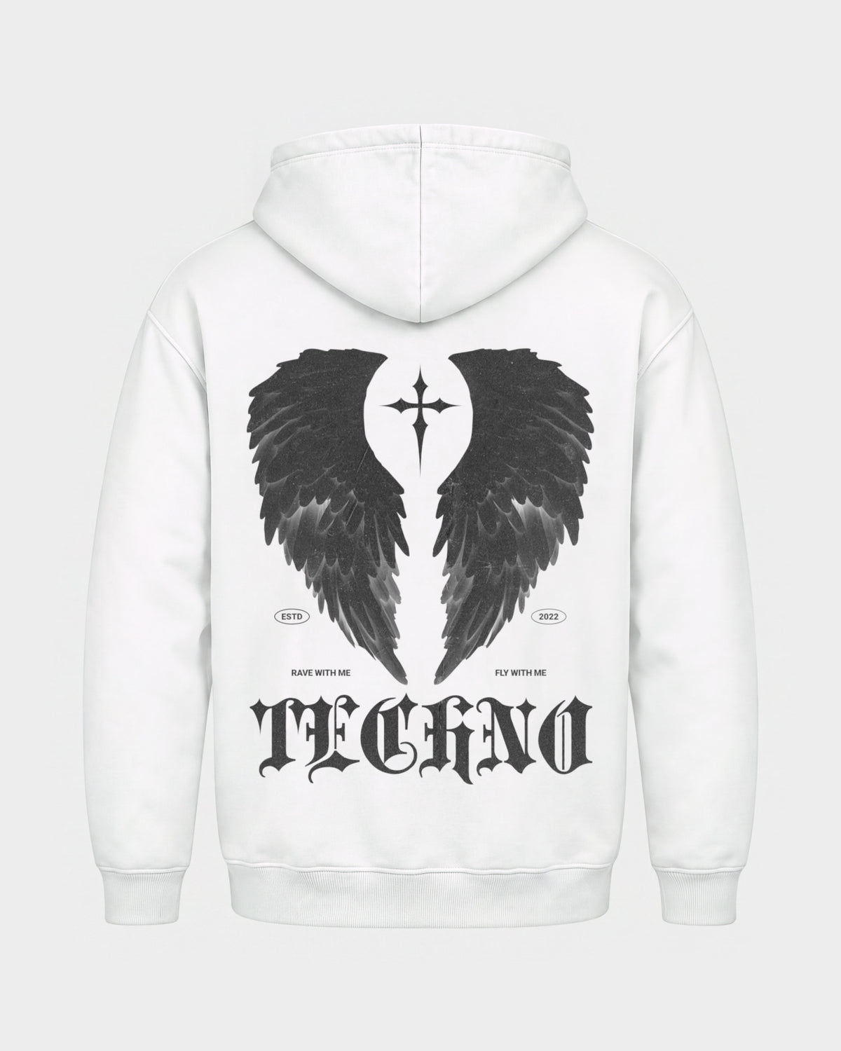 Fly with me – Basic Hoodie in Weiß, Rückenprint – Hard Nights