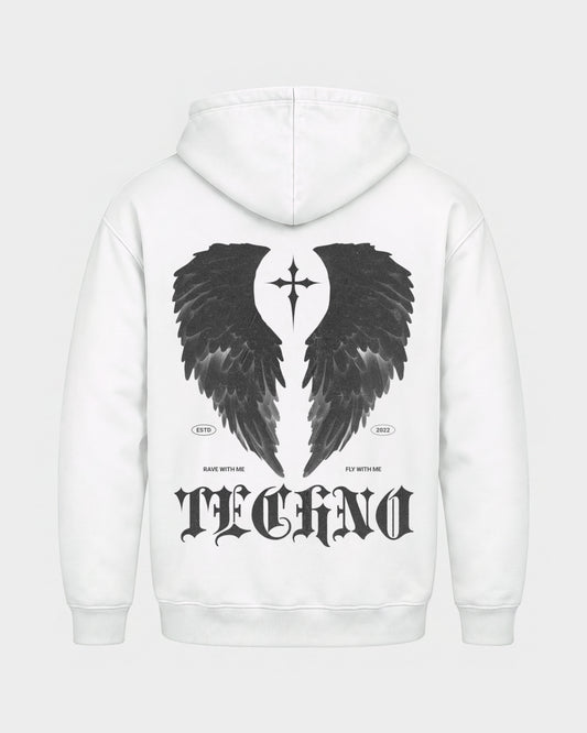 Fly with me – Basic Hoodie in Weiß, Rückenprint – Hard Nights