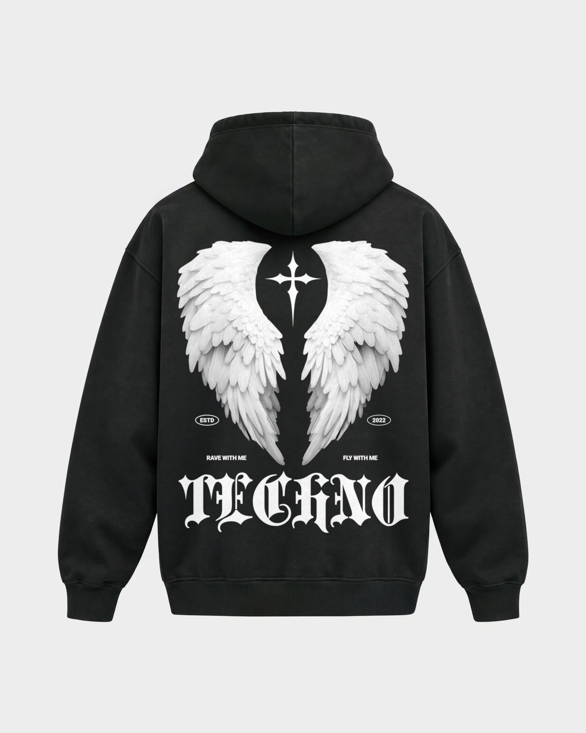 Fly with me – Oversized Hoodie in Schwarz, Rückenprint – Hard Nights