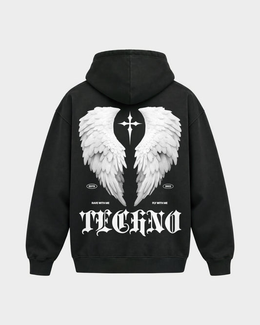 Fly with me – Oversized Hoodie in Schwarz, Rückenprint – Hard Nights