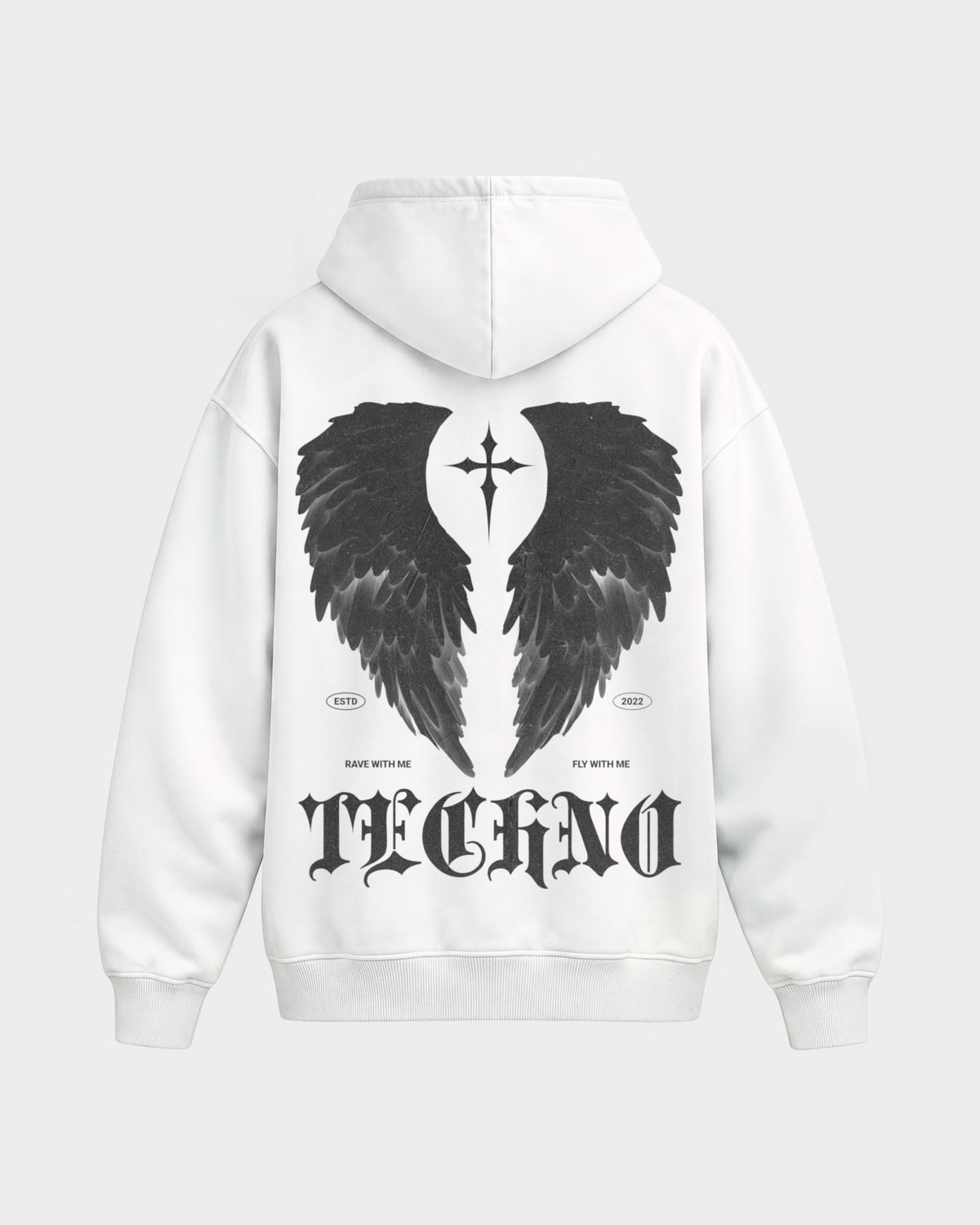 Fly with me – Oversized Hoodie in Weiß, Rückenprint – Hard Nights