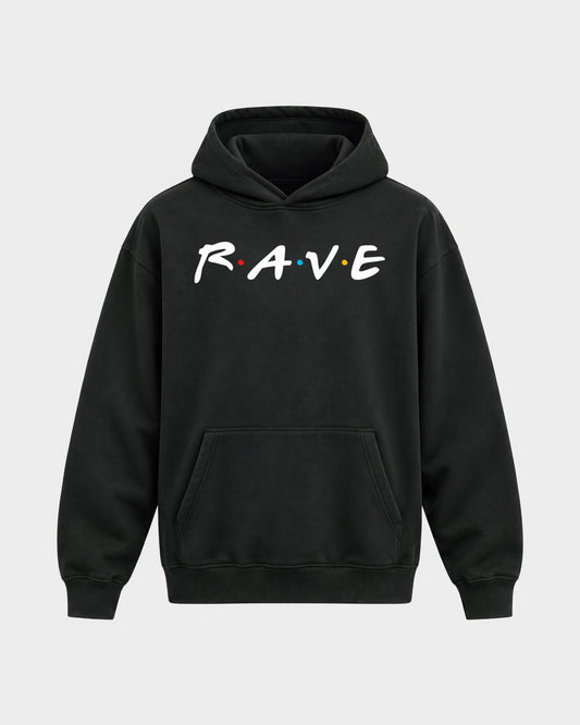 Friends Rave – Oversized Hoodie in Schwarz, Frontprint – Hard Nights