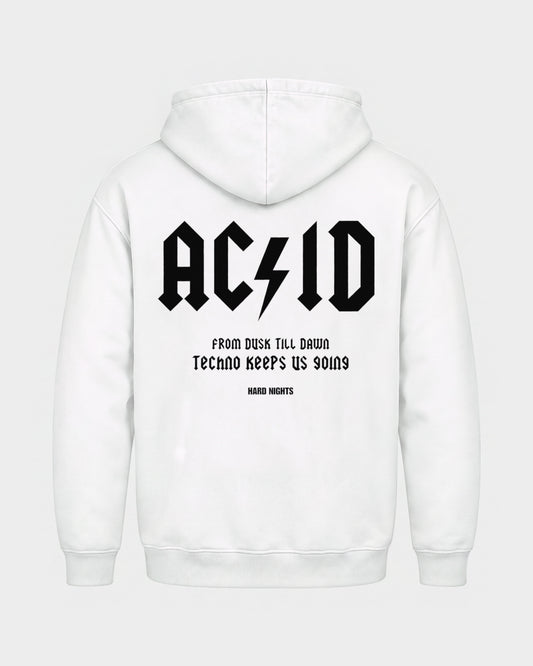 From dusk till dawn – Basic Hoodie in Weiß, Rückenprint – Hard Nights
