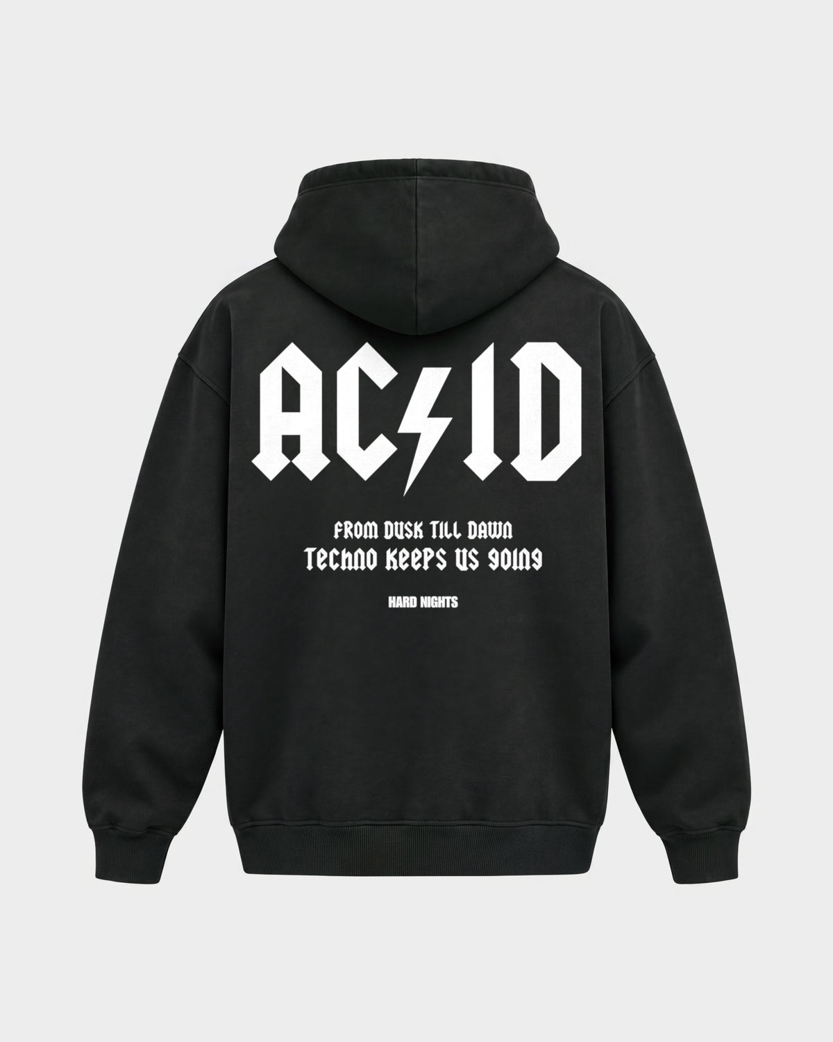 From dusk till dawn – Oversized Hoodie in Schwarz, Rückenprint – Hard Nights