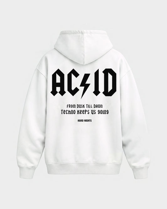 From dusk till dawn – Oversized Hoodie in Weiß, Rückenprint – Hard Nights
