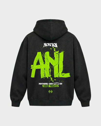 Frontrow ANL – Oversized Hoodie in Schwarz, Rückenprint – Hard Nights