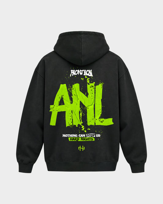 Frontrow ANL – Oversized Hoodie in Schwarz, Rückenprint – Hard Nights