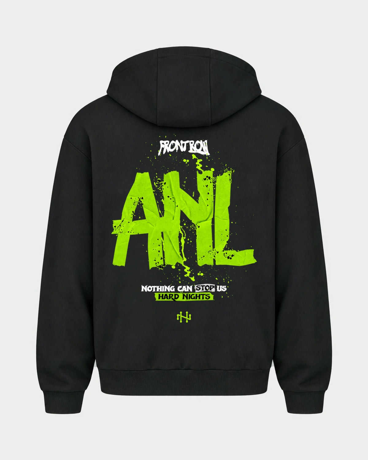 Frontrow ANL – Oversized Zipper Hoodie in Schwarz, Rückenprint – Hard Nights