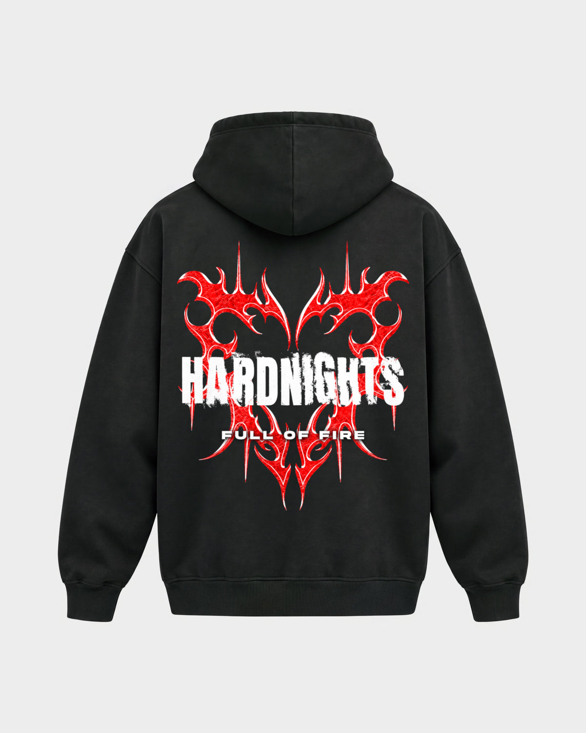 Full of fire – Oversized Hoodie in Schwarz, Rückenprint – Hard Nights