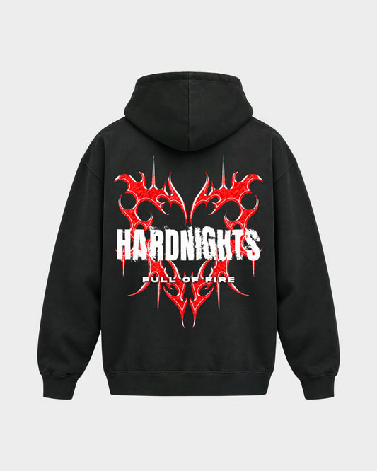 Full of fire – Oversized Hoodie in Schwarz, Rückenprint – Hard Nights