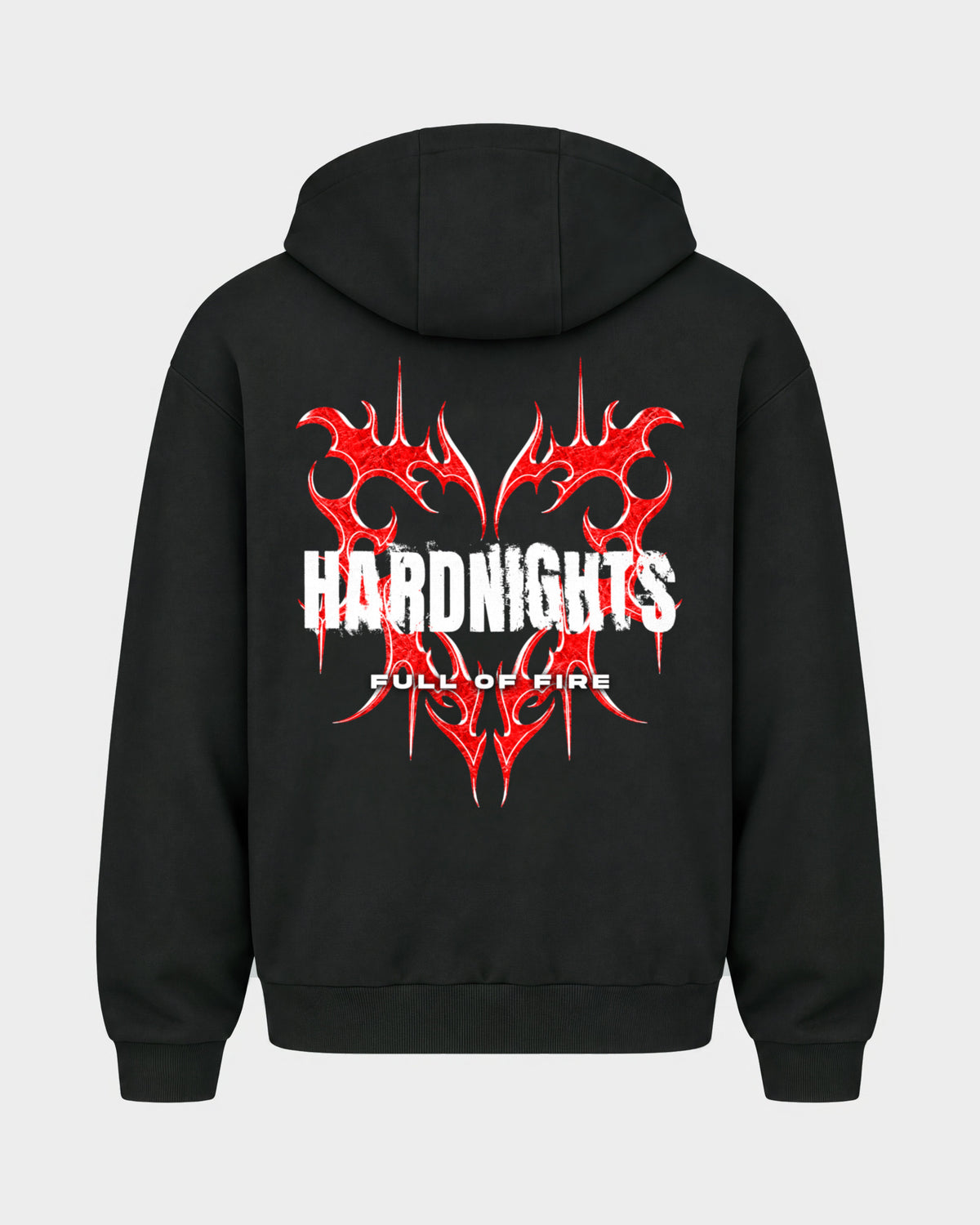 Full of fire – Oversized Zipper Hoodie in Schwarz, Rückenprint – Hard Nights