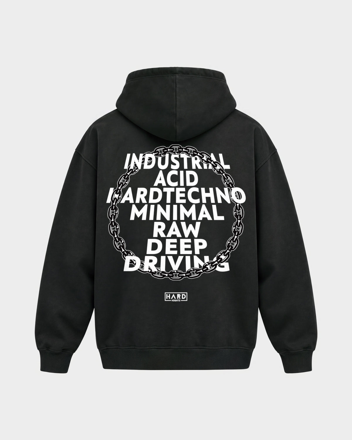 Genre – Oversized Hoodie in Schwarz, Rückenprint – Hard Nights