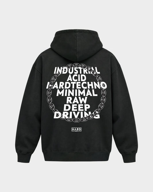 Genre – Oversized Hoodie in Schwarz, Rückenprint – Hard Nights