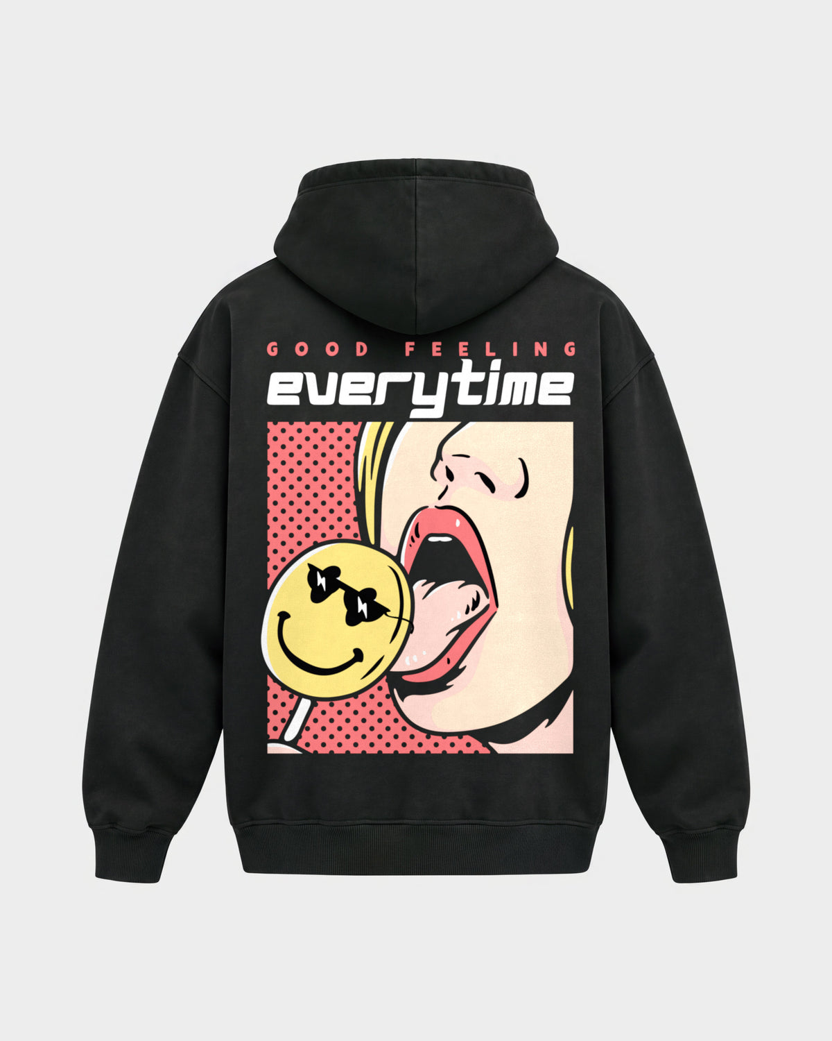 Good Feeling – Oversized Hoodie in Schwarz, Rückenprint – Hard Nights