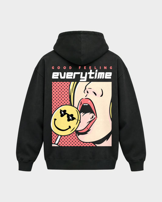Good Feeling – Oversized Hoodie in Schwarz, Rückenprint – Hard Nights
