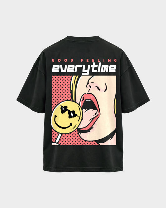 Good Feeling – Oversized Shirt in Schwarz, Rückenprint – Hard Nights