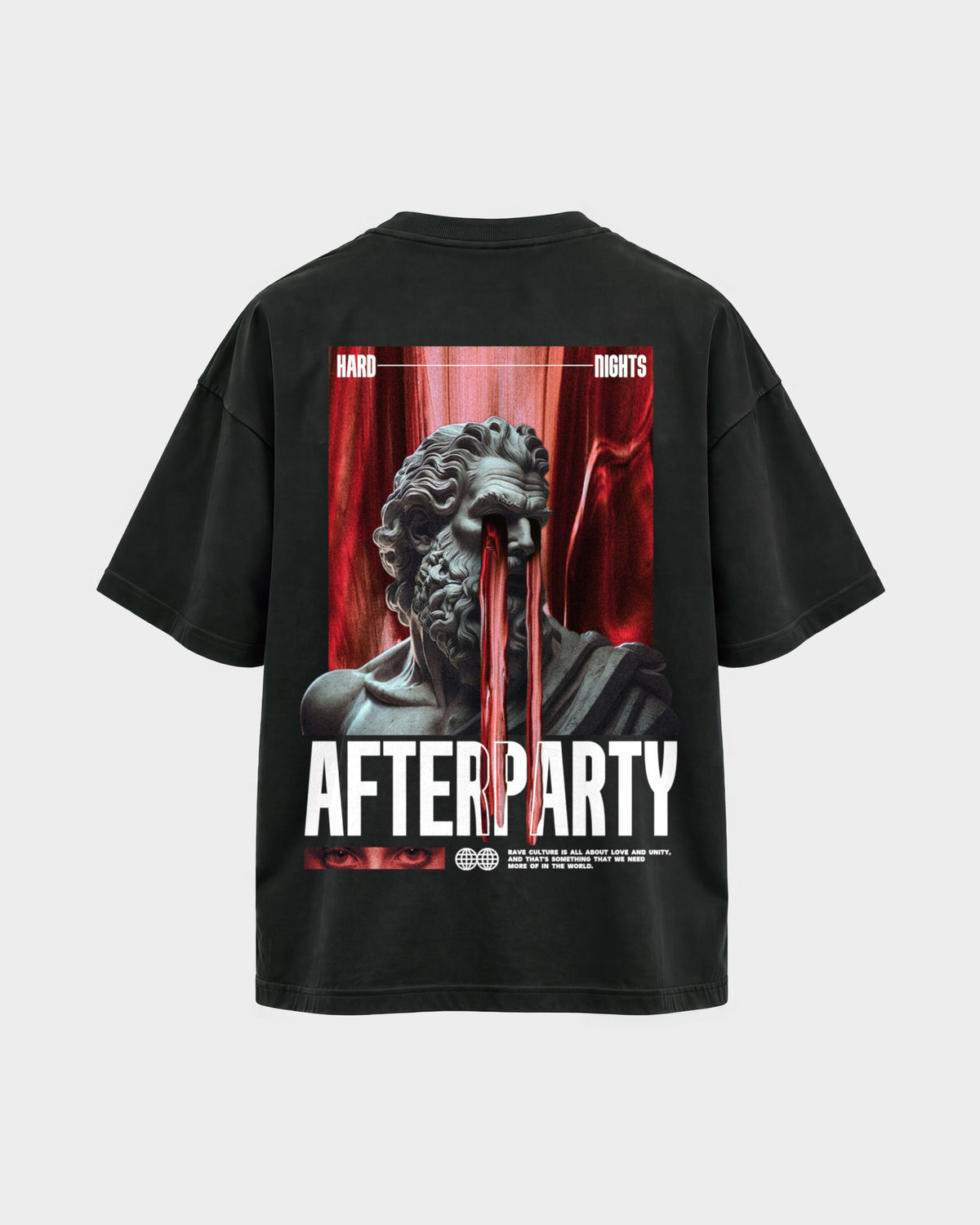 Greek Afterparty – Oversized Shirt in Schwarz, Rückenprint – Hard Nights