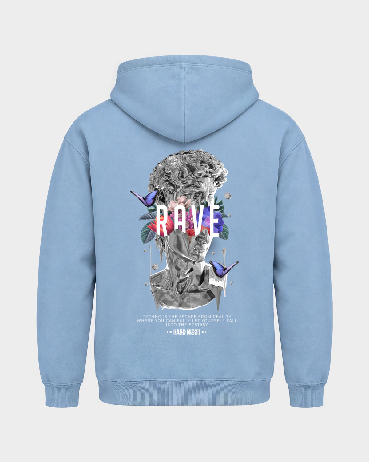 Greek Rave – Basic Hoodie in Himmelblau, Rückenprint – Hard Nights